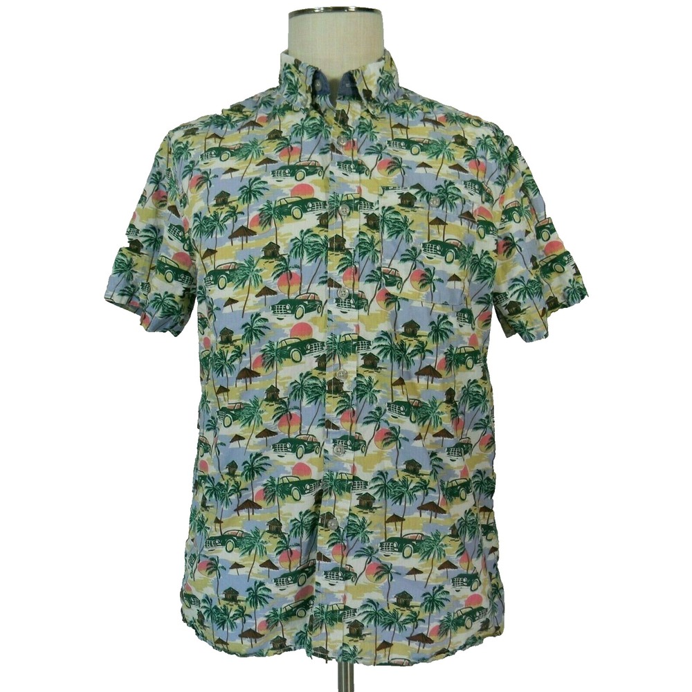 Charleston Threads Button Up Mens M Blue Hawaiian Vintage Car Palm Tree Shirt